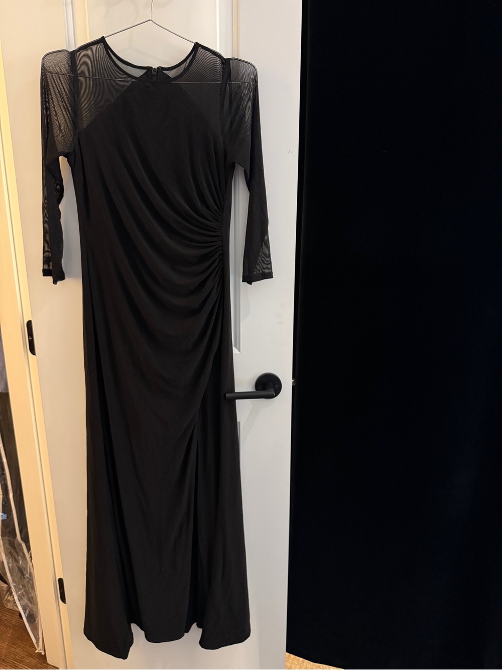 Black Mesh Sleeve Ruched Maxi Dress -